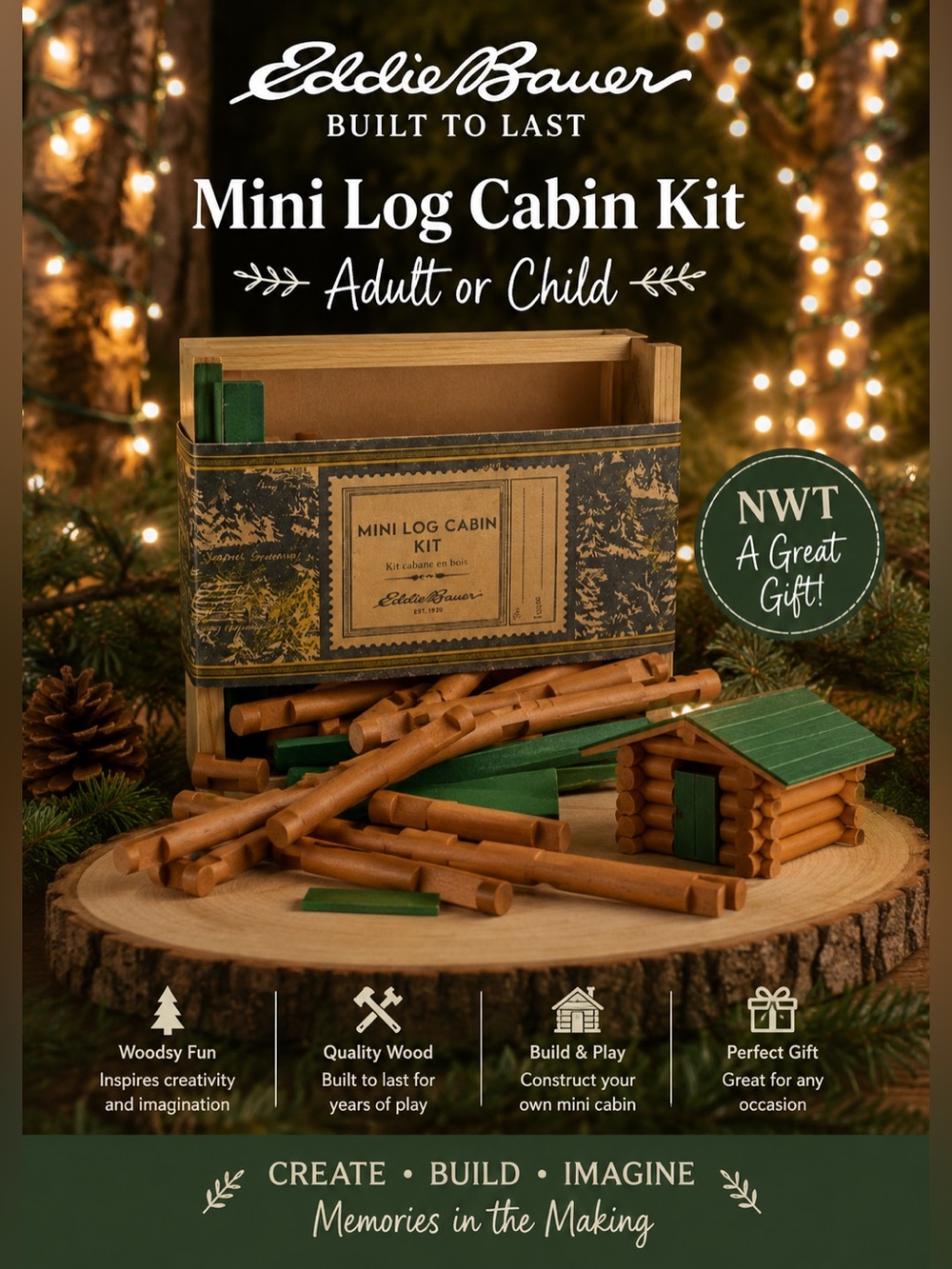 Eddie Bauer Wooden Log Cabin Kit - Brown and Green- Kids Adults NWT